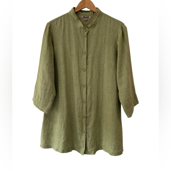 Flax Tops - FLAX women’s linen button up tunic top M green 3/4 sleeves lagenlook